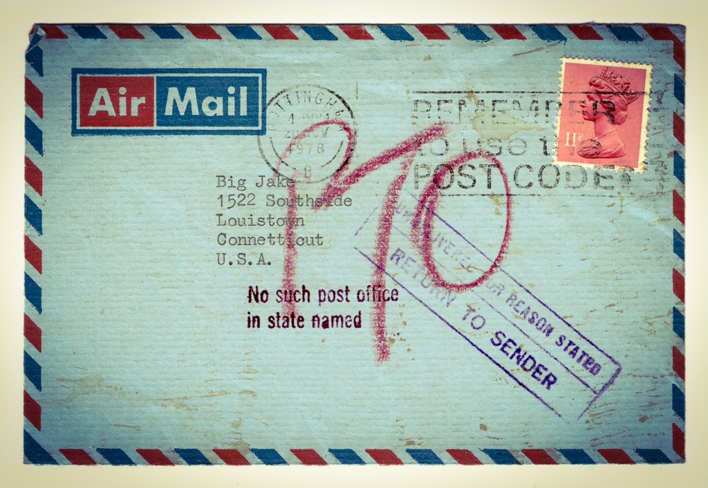 Envelope of the original Rock Section letter from 'The Spirit of Jim Morrison' to the enigmatic 'Big Jake', 20 November 1978.